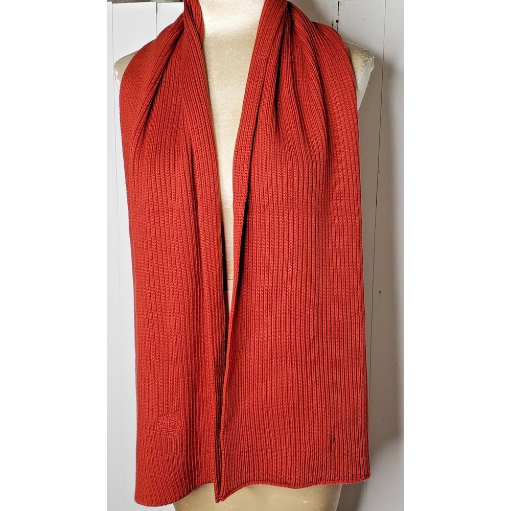 Timberland Scarf Solid Burnt Red Orange Ribbed Knit 11x62" Washes Logo Gorpcore